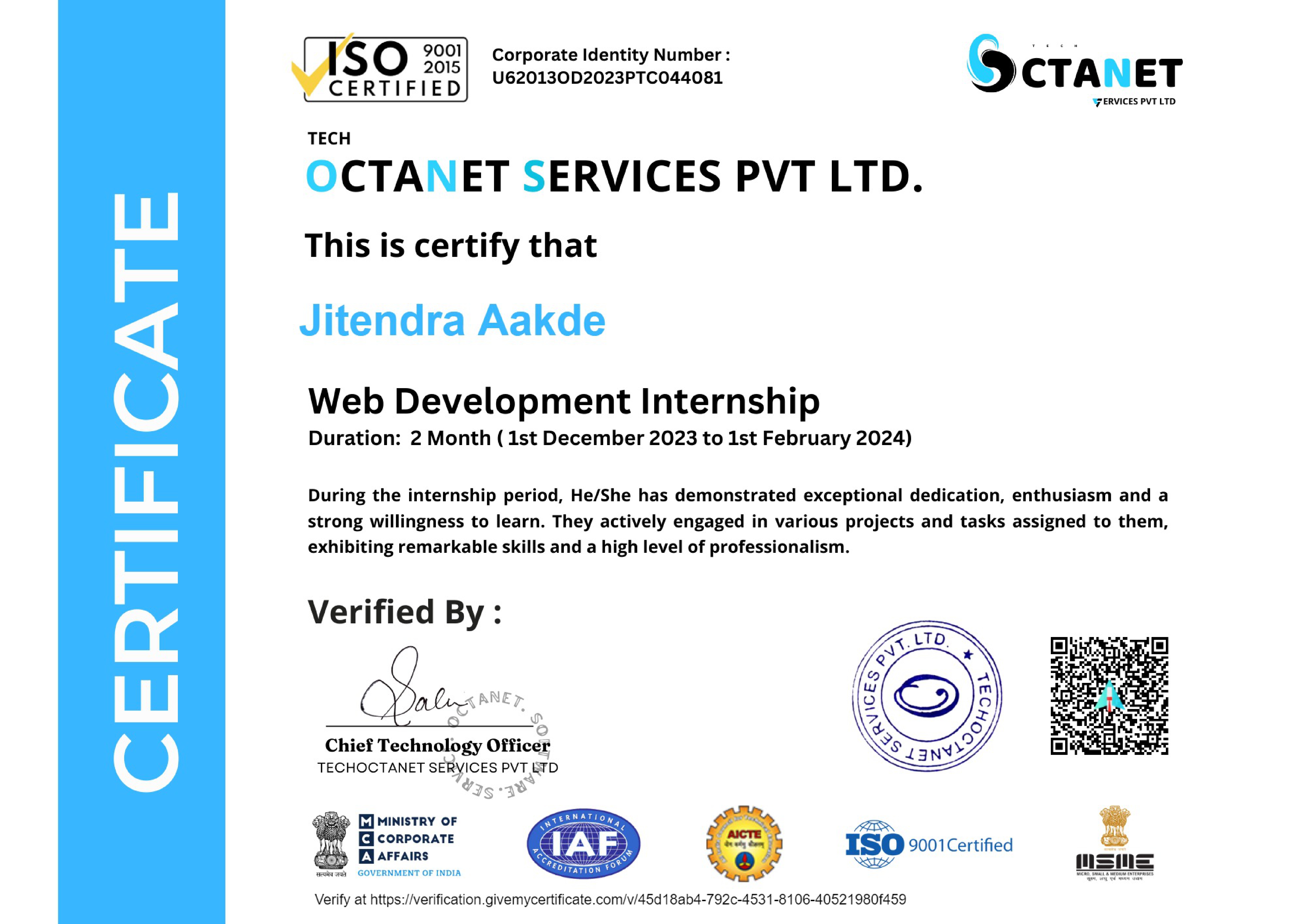 OctaNet Internship Certificate